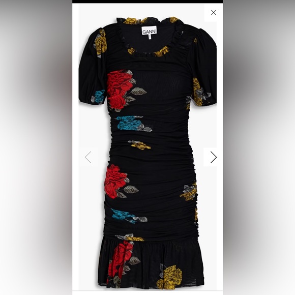 Ganni black ruched floral print stretch mesh dress - Picture 3 of 9